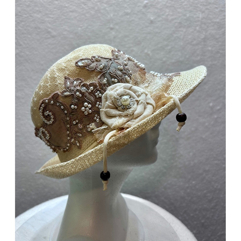 Vintage Style Cream Woven Sun Hat Lace Pearl Flower Embellished Tea Party Hat